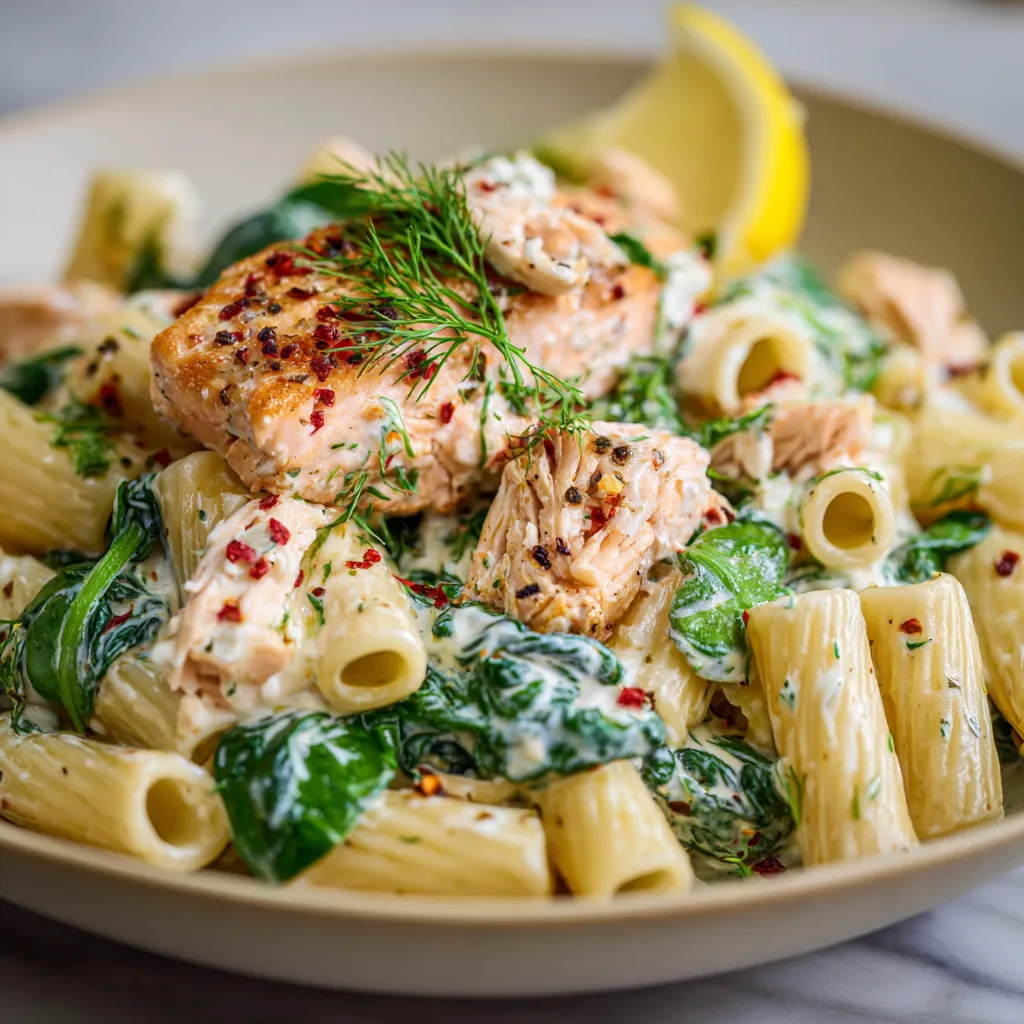 A bowl of pasta with salmon and lemon.