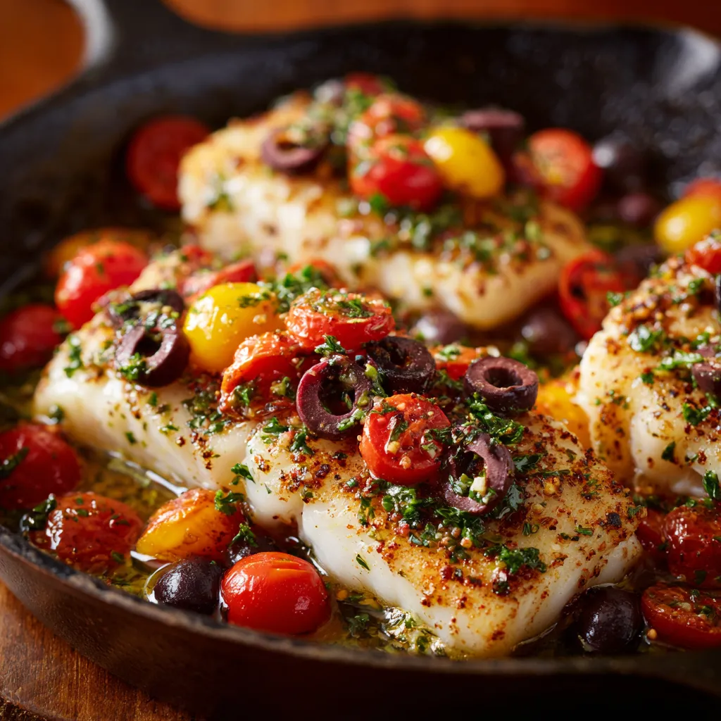 A pan of fish with tomatoes, olives, and herbs.