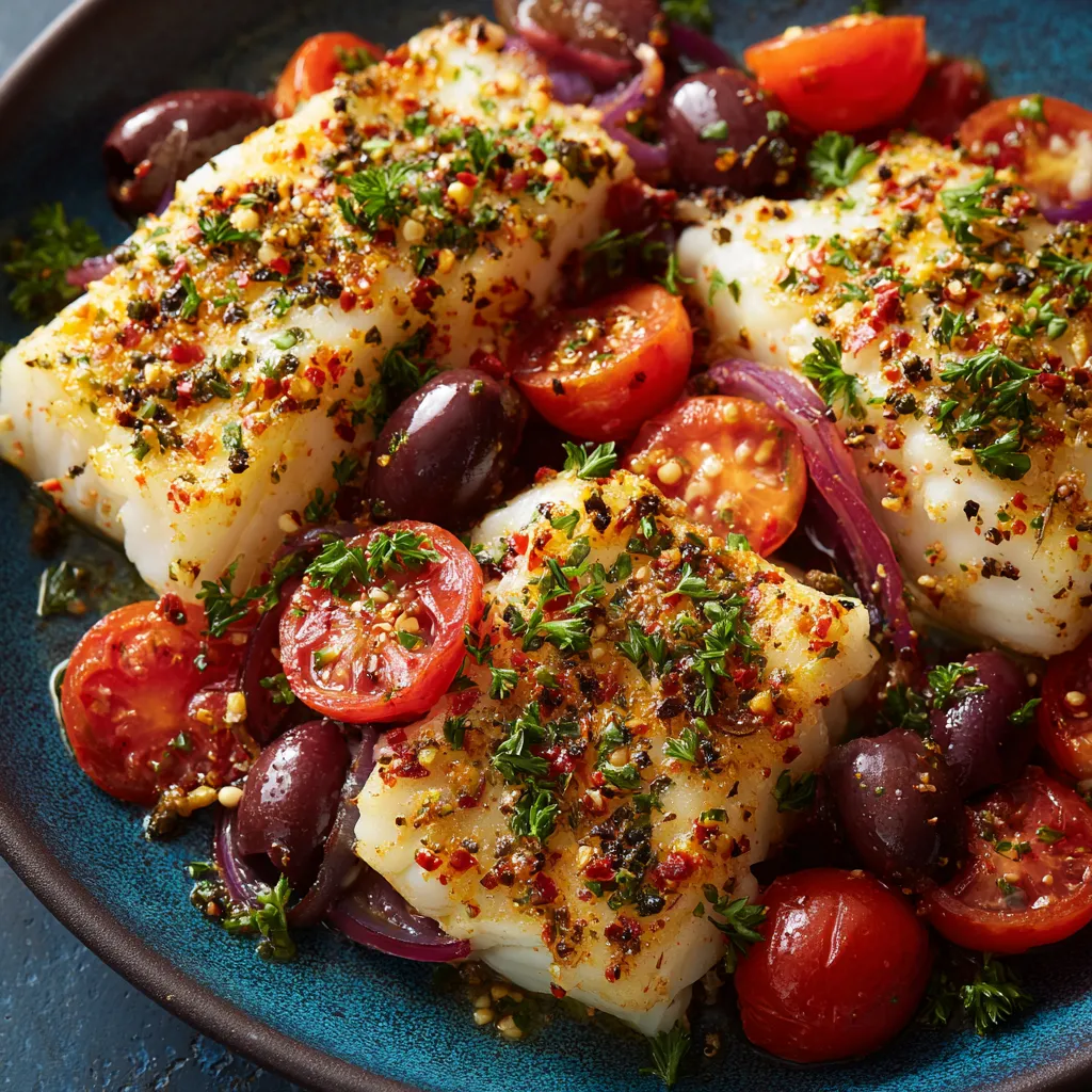 A plate of fish with tomatoes and olives.
