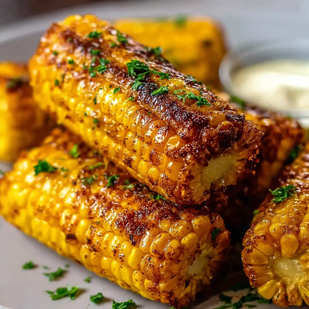A plate of grilled corn with a bowl of butter.