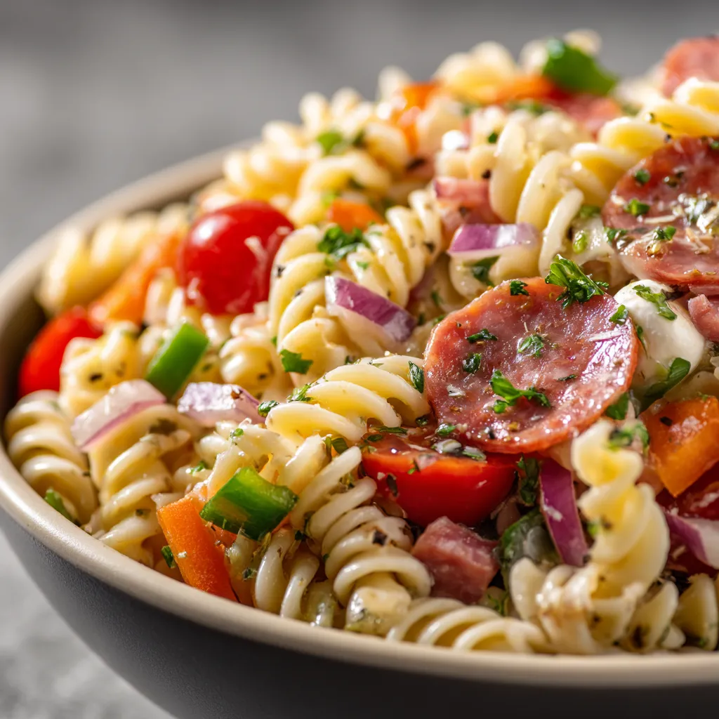 A bowl of pasta with tomatoes, onions, and peppers.