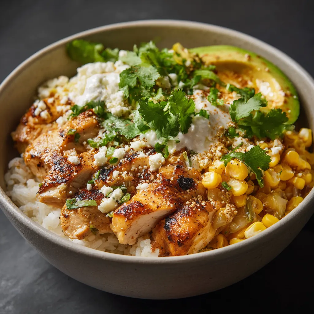A bowl of food with rice, chicken, and vegetables.