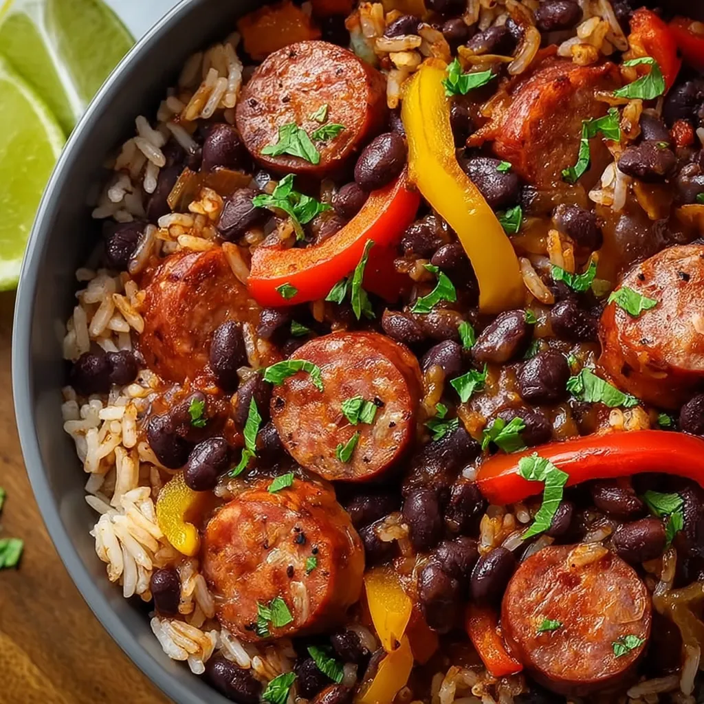 A bowl of rice with sausage and peppers.