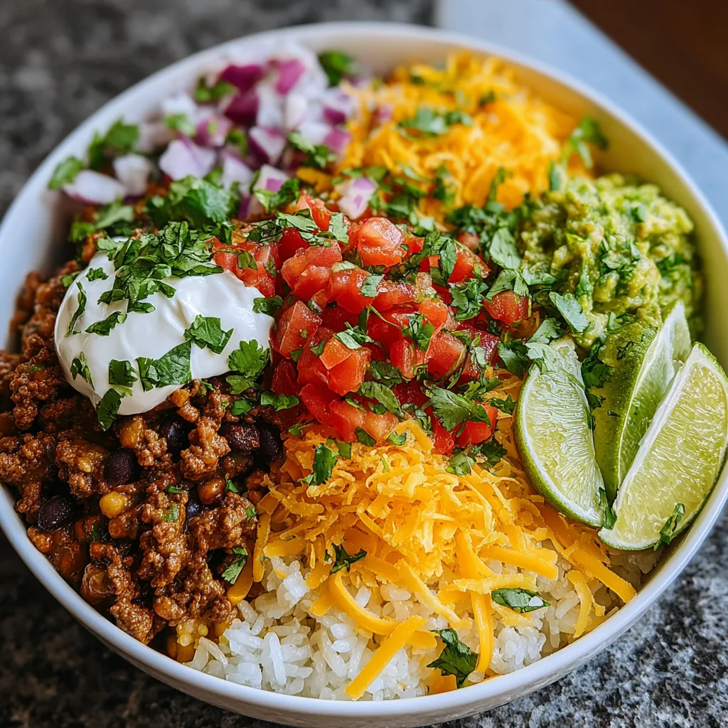 A bowl of food with rice, beans, tomatoes, onions, and cheese.