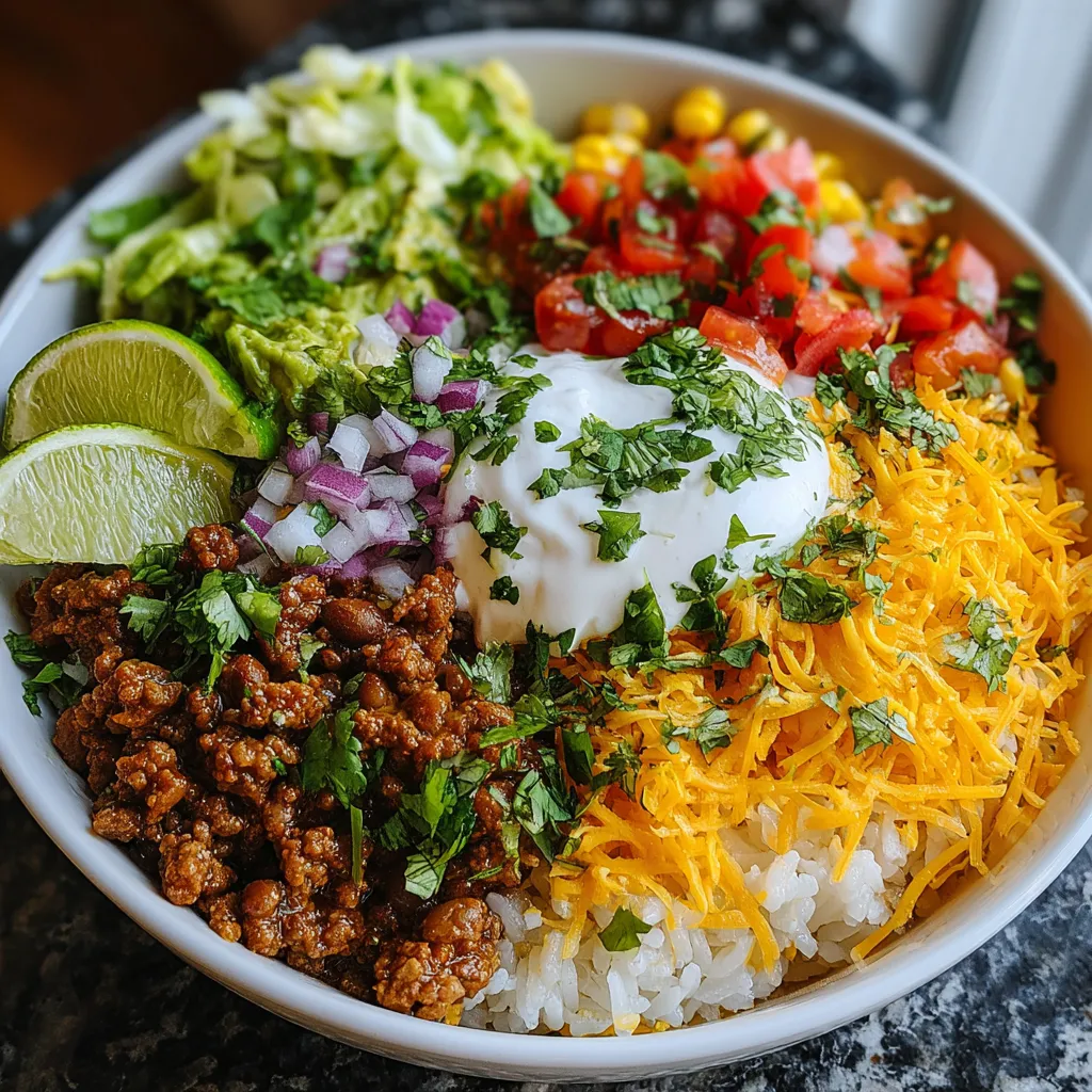 A bowl of food with rice, beans, tomatoes, lettuce, and cheese.