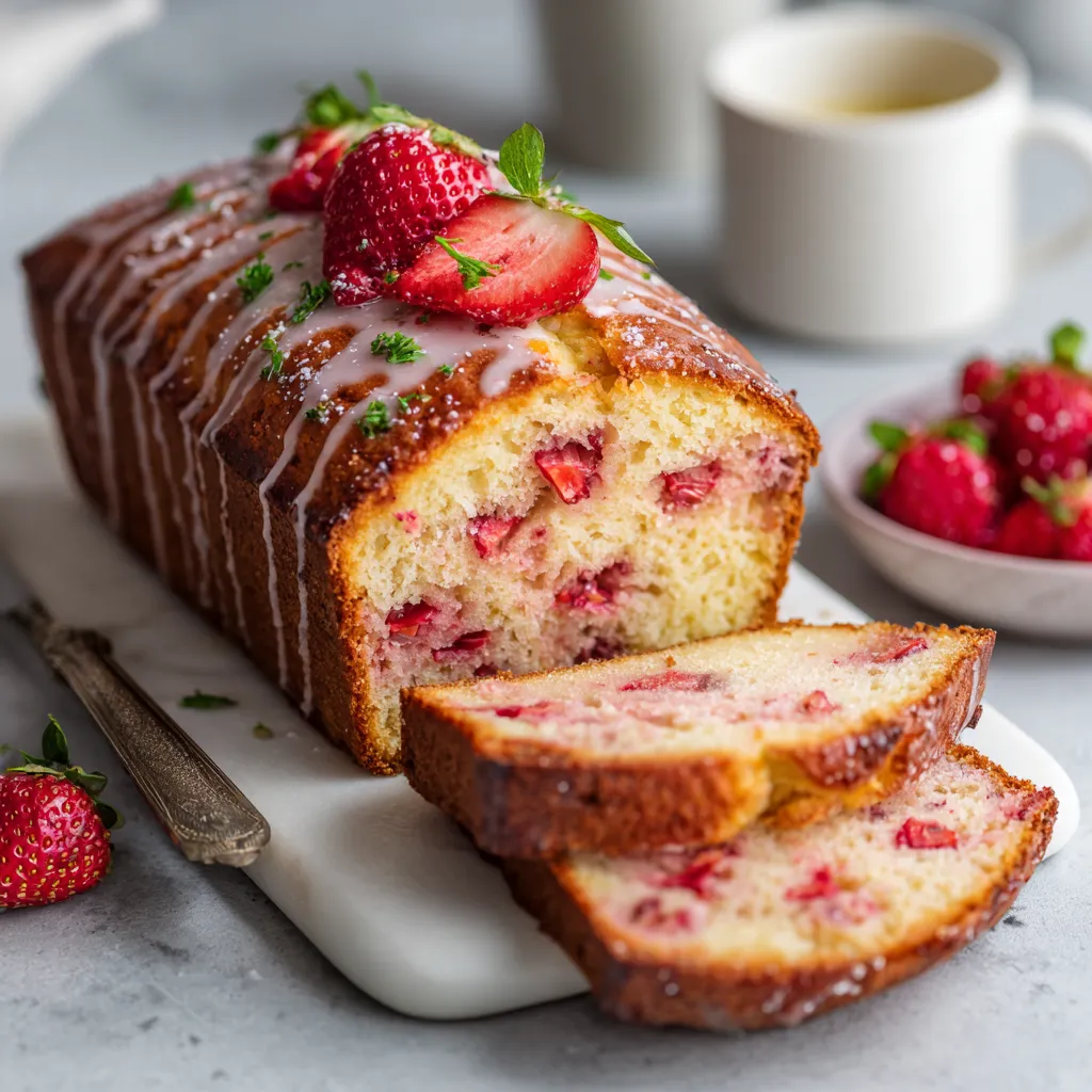 A loaf of bread with strawberries on top.