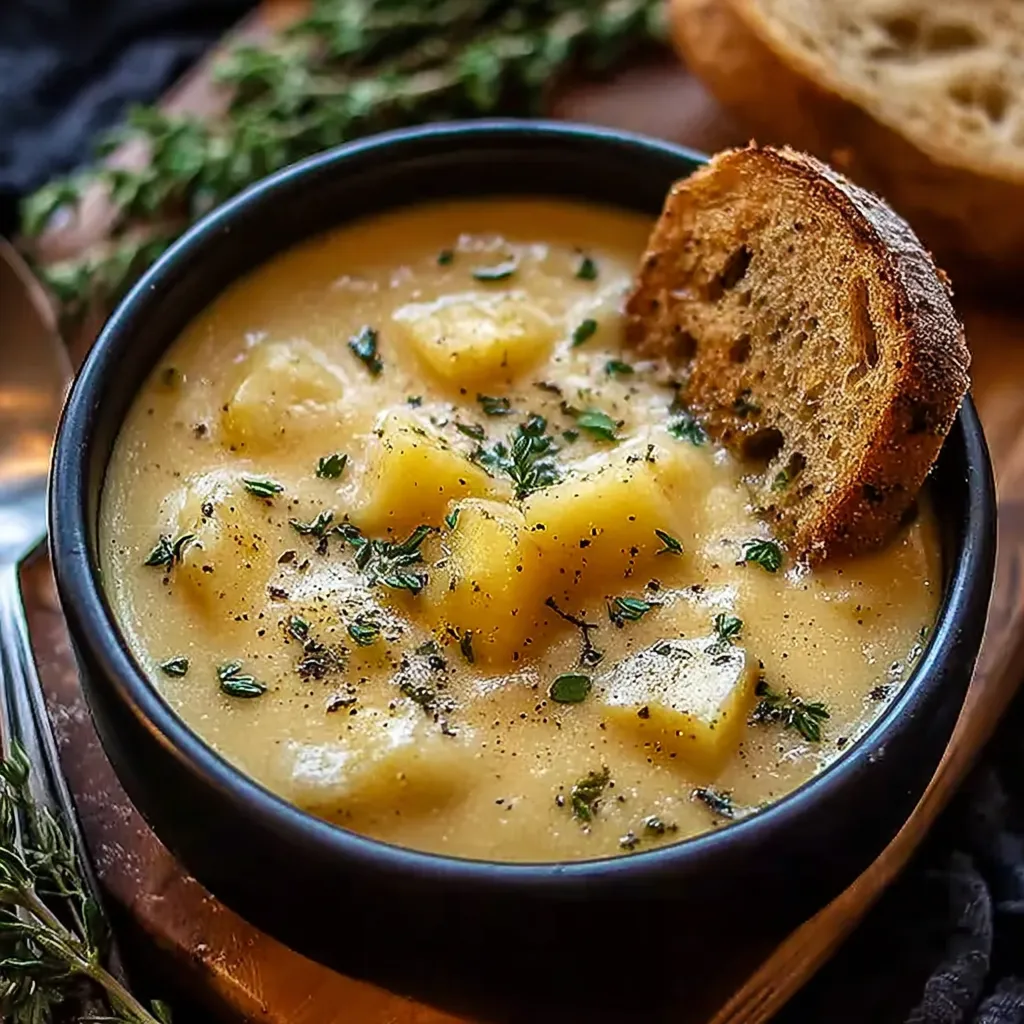 A bowl of soup with a slice of bread on top.