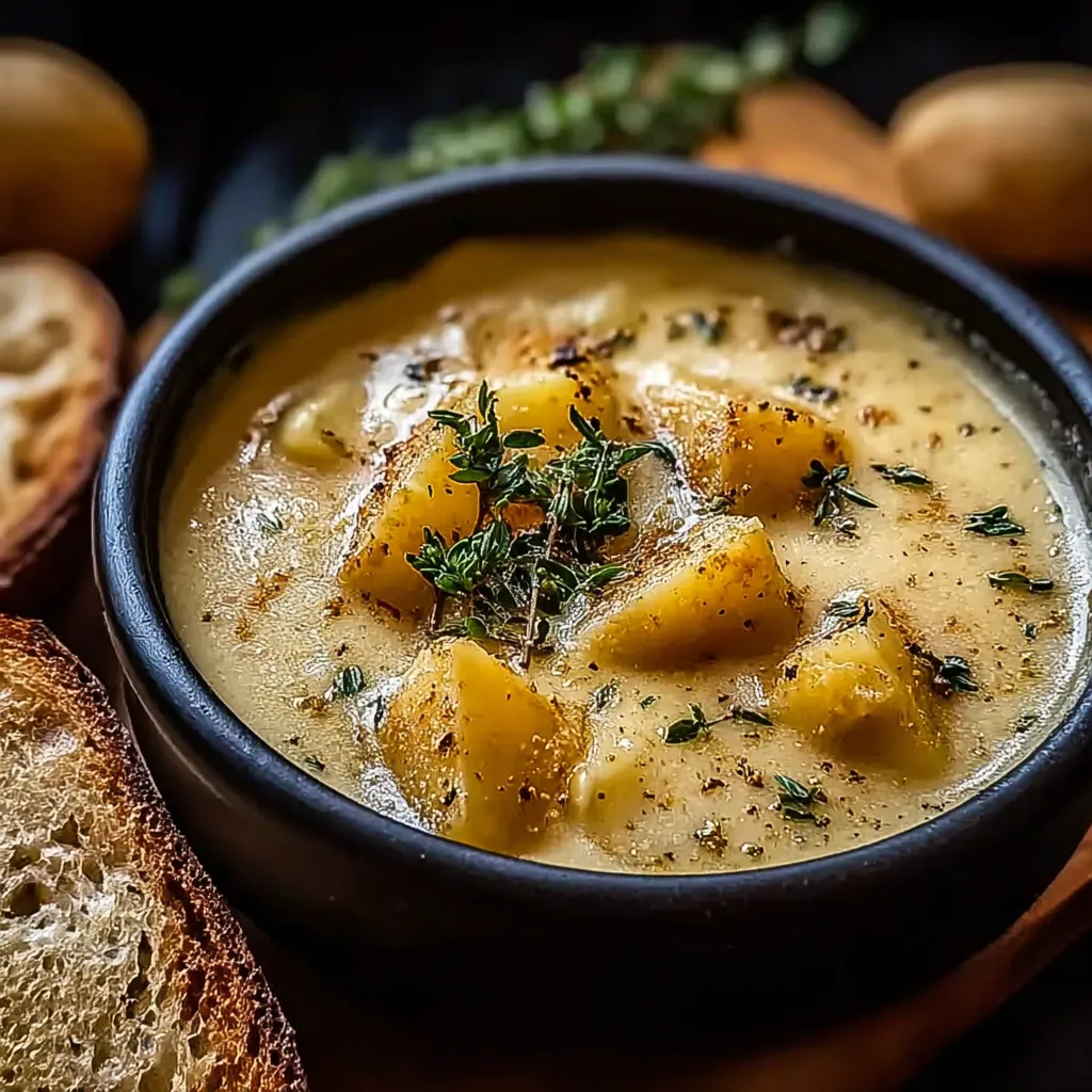 A bowl of soup with a slice of bread on the side.