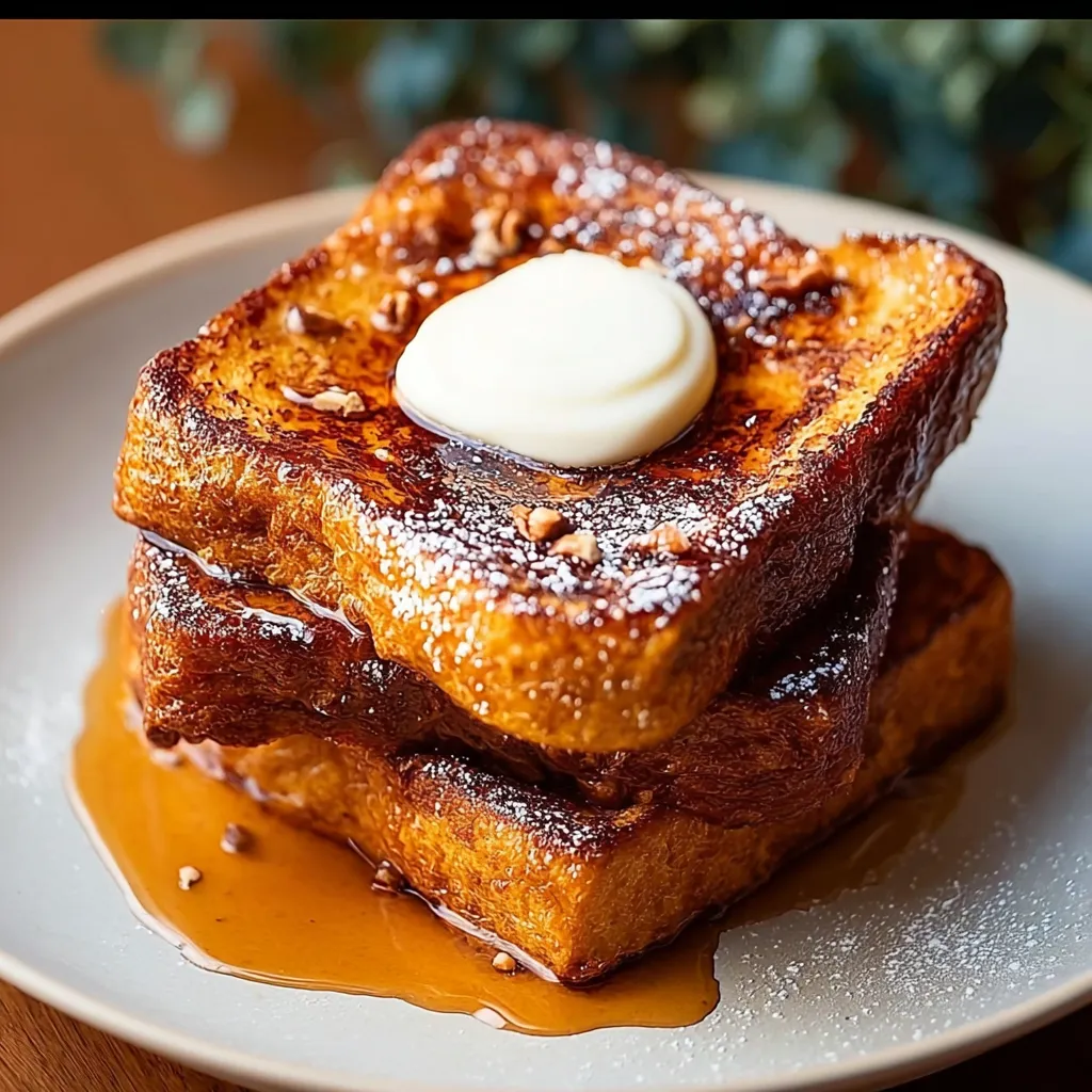 A stack of French toast with powdered sugar on a plate.