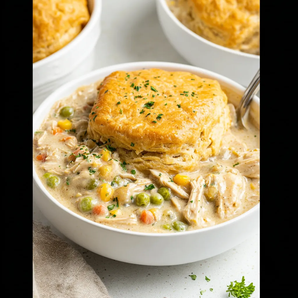 A bowl of soup with a biscuit on top.