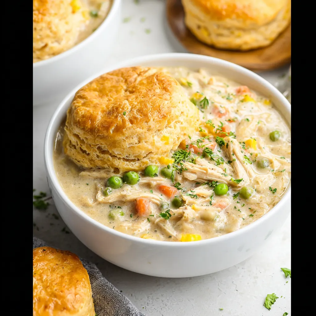 A bowl of soup with a biscuit on top.