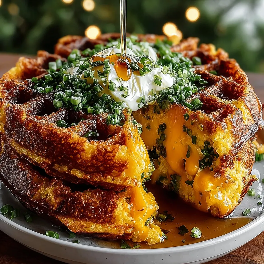 A waffle with cheese and chives on top.