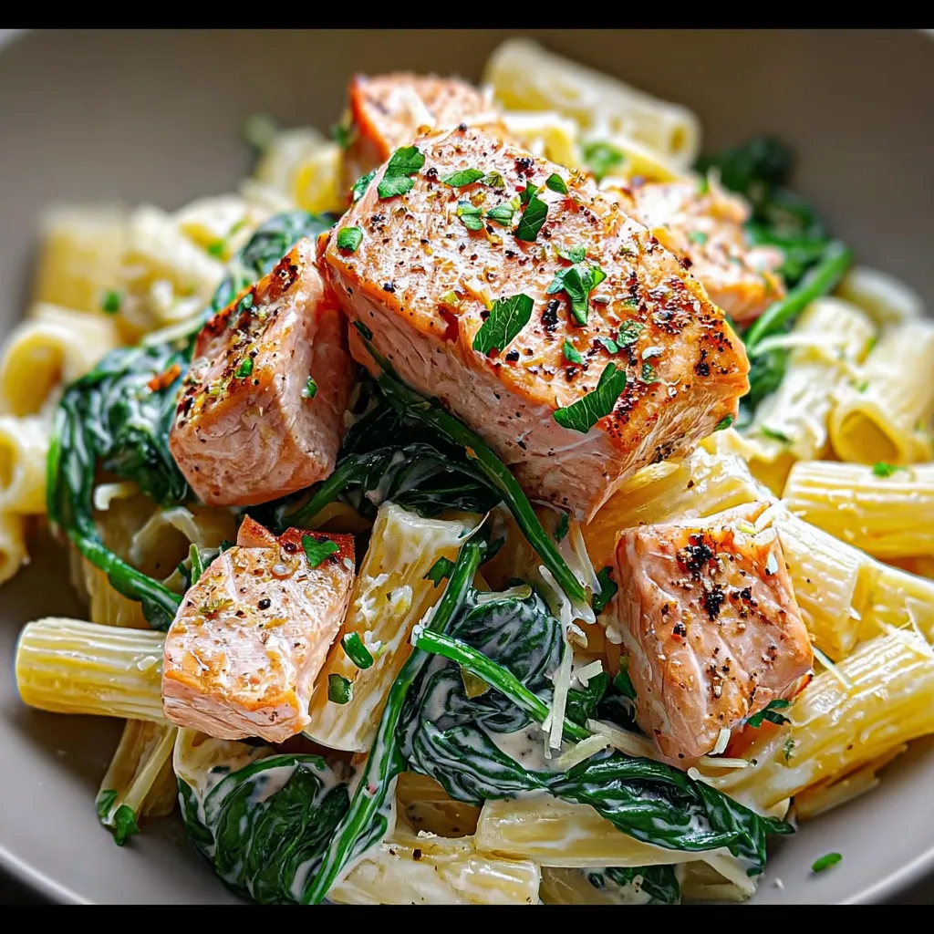 A bowl of pasta with salmon on top.