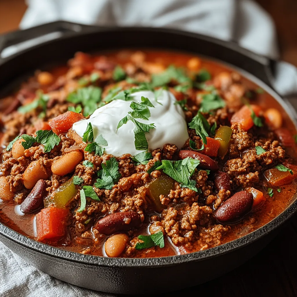 A bowl of chili with a dollop of sour cream on top.