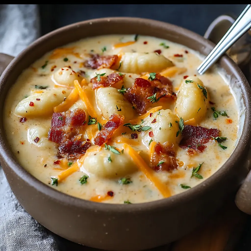 A bowl of soup with bacon and cheese.