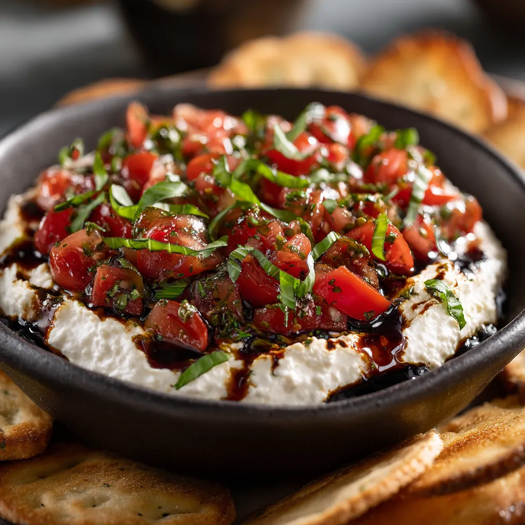 A bowl of food with tomatoes and cheese.