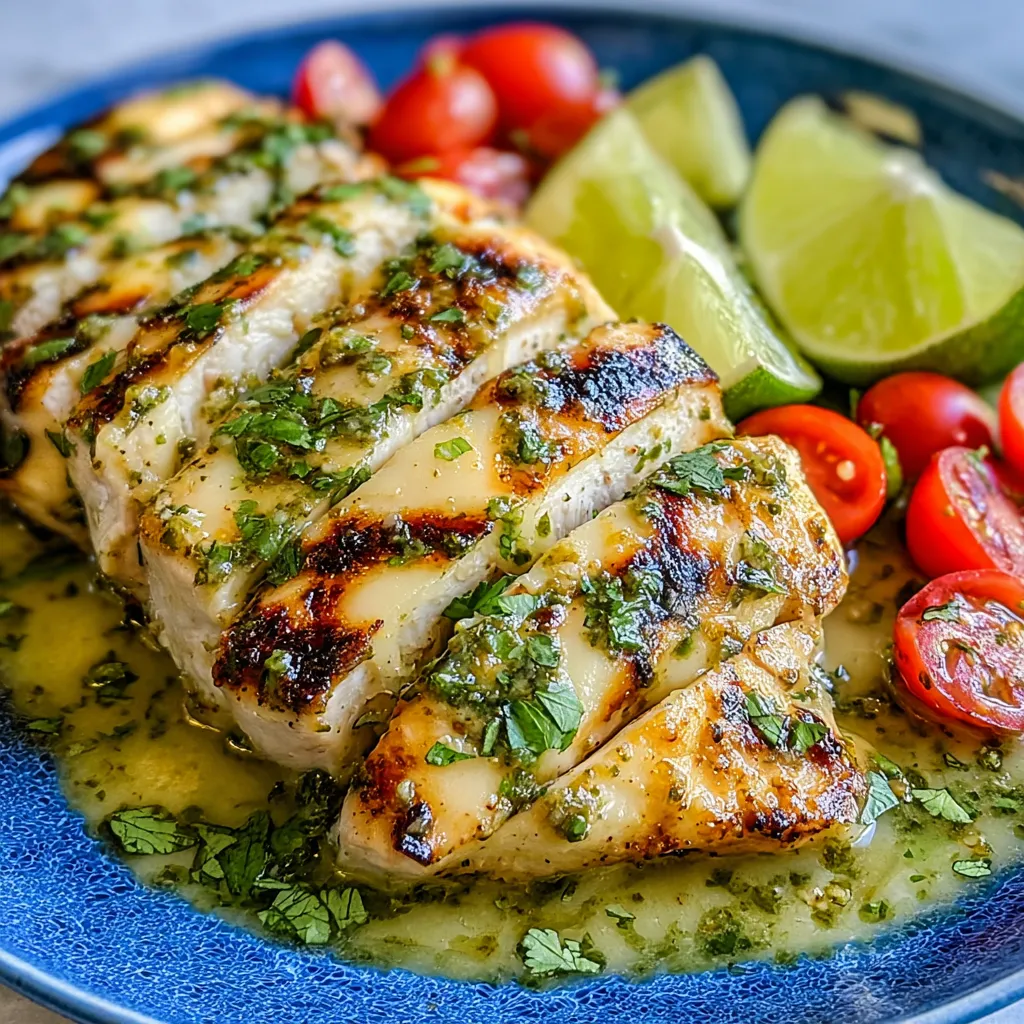 A plate of food with chicken, tomatoes, limes, and herbs.