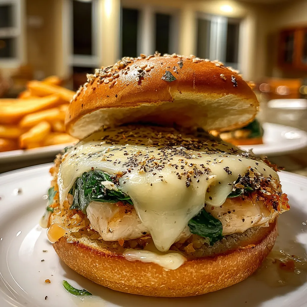 A sandwich with cheese and spinach on a white plate.