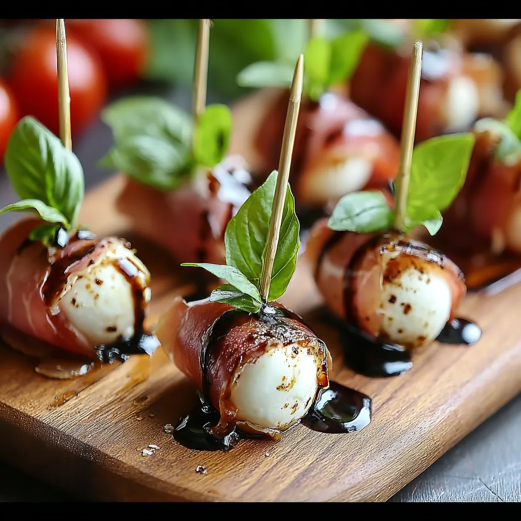 A wooden platter with four meatballs and four skewers of broccoli.