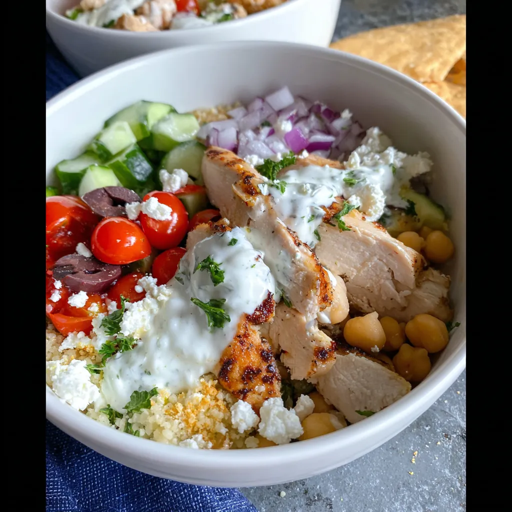 A bowl of food with chicken, tomatoes, onions, cucumbers, and feta cheese.