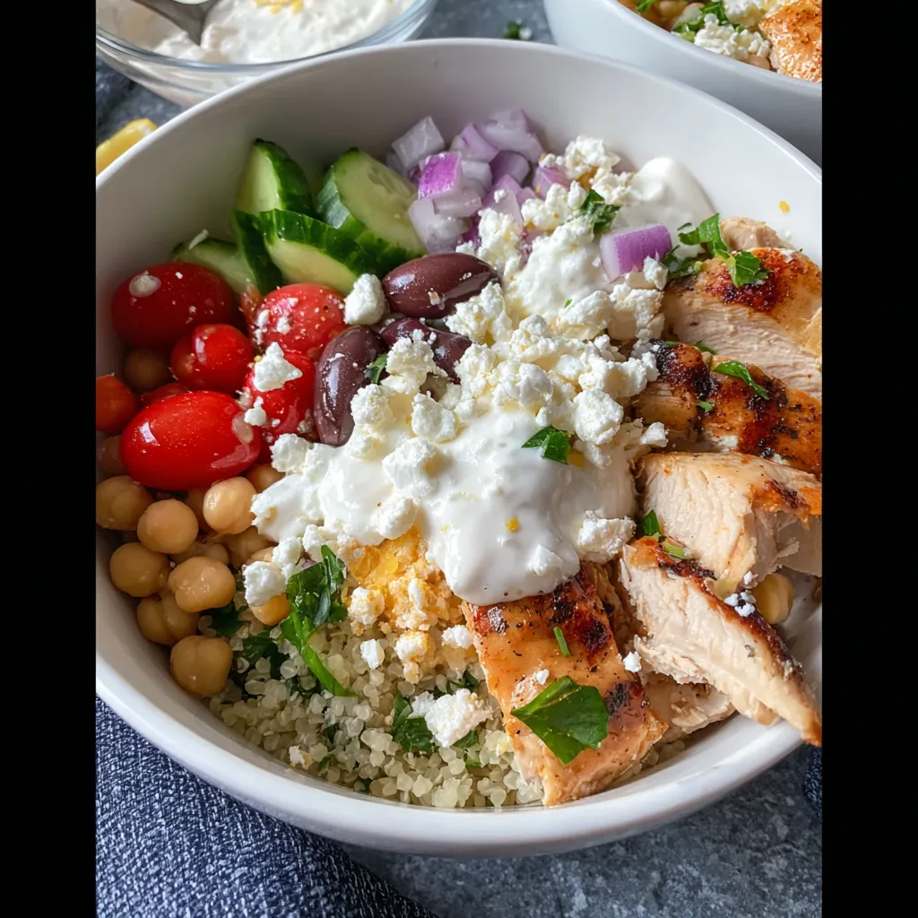 A bowl of food with chicken, rice, and vegetables.
