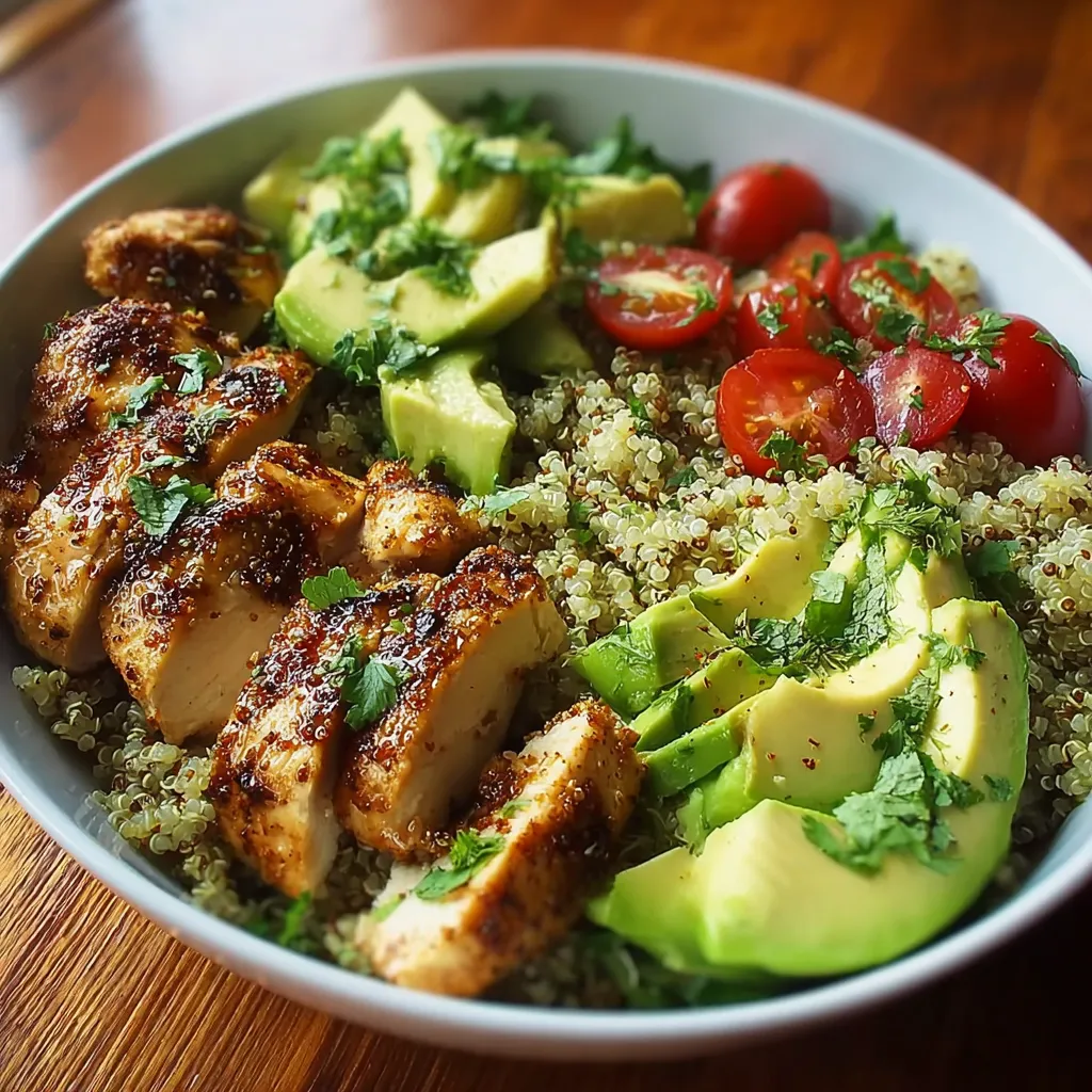 A bowl of food with chicken, avocado, tomato, and rice.