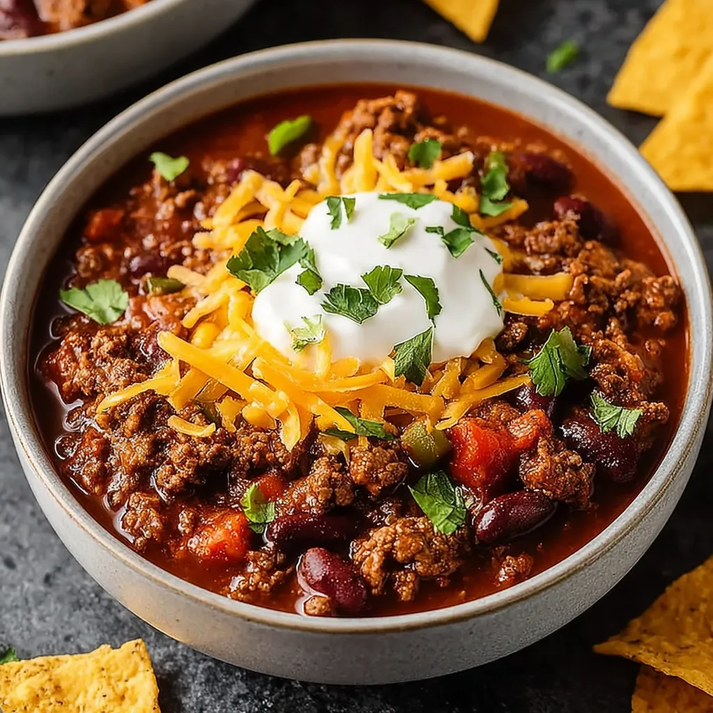 A bowl of chili with cheese and sour cream on top.