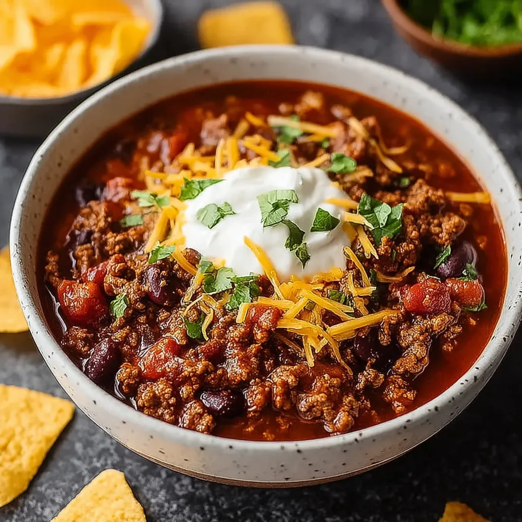 A bowl of chili with cheese and chips.