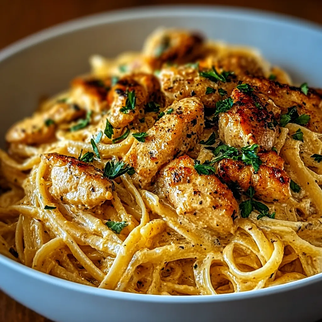 A bowl of pasta with chicken and herbs.