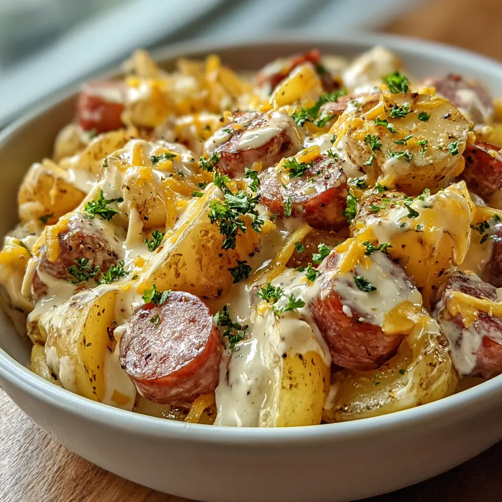 A bowl of food with a sausage and potatoes.