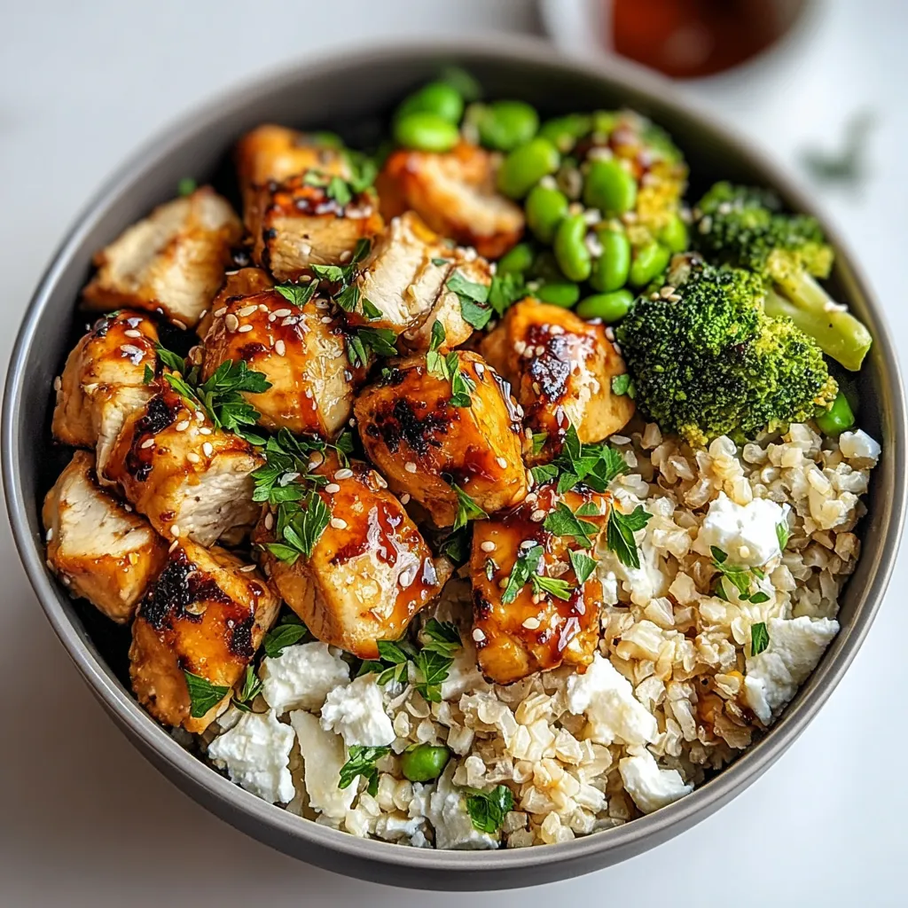 A bowl of food with rice, broccoli, and chicken.