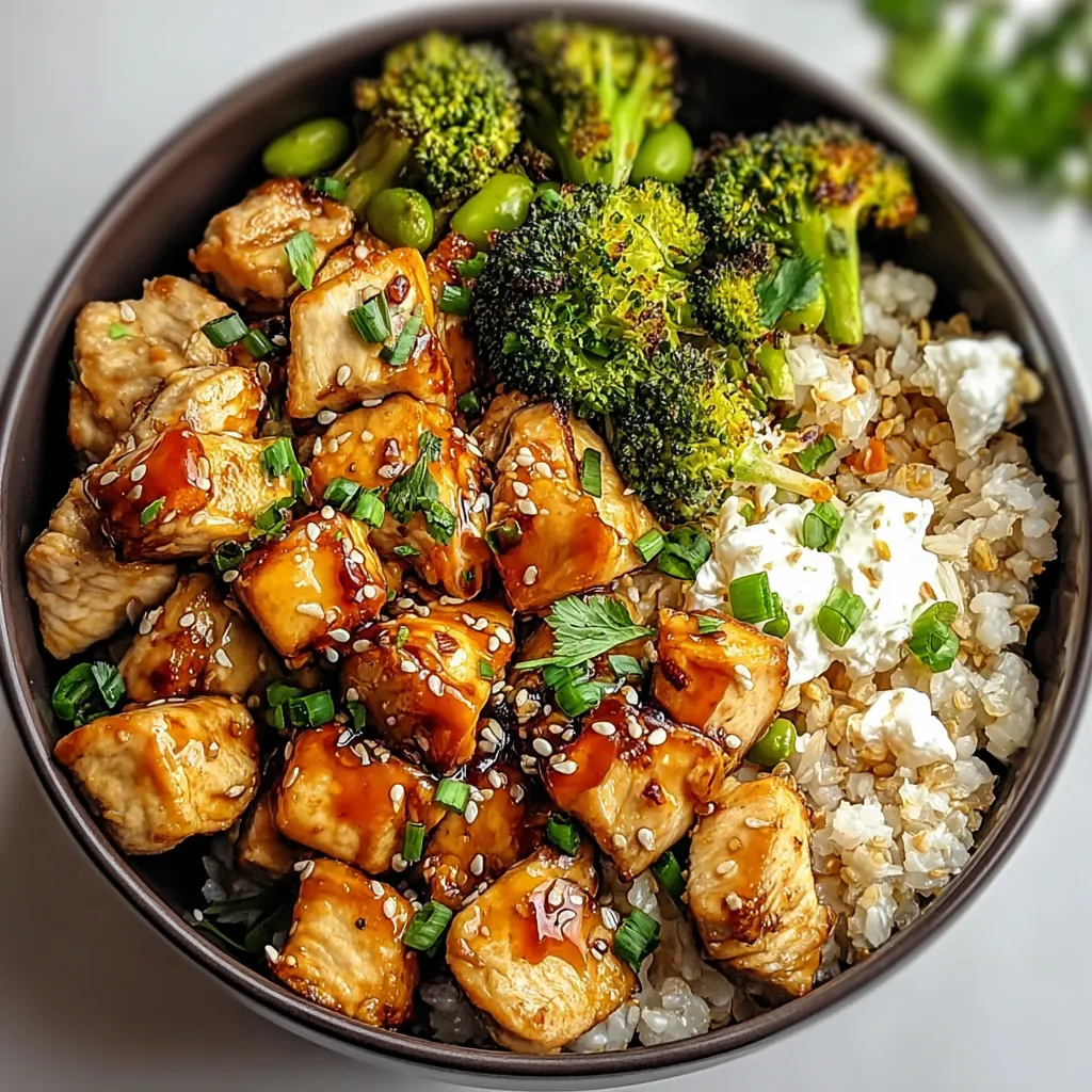 A bowl of food with chicken, broccoli, and rice.