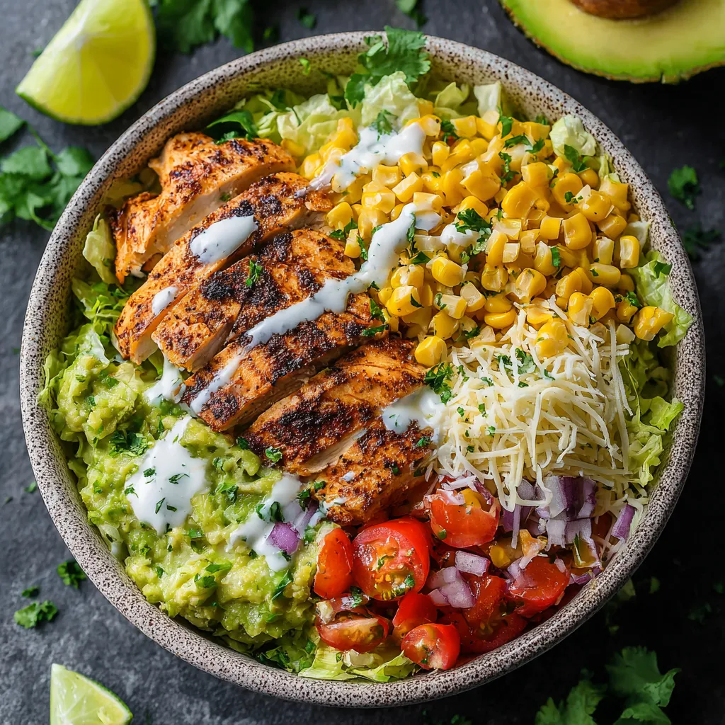 A bowl of food with chicken, corn, tomatoes, and avocado.