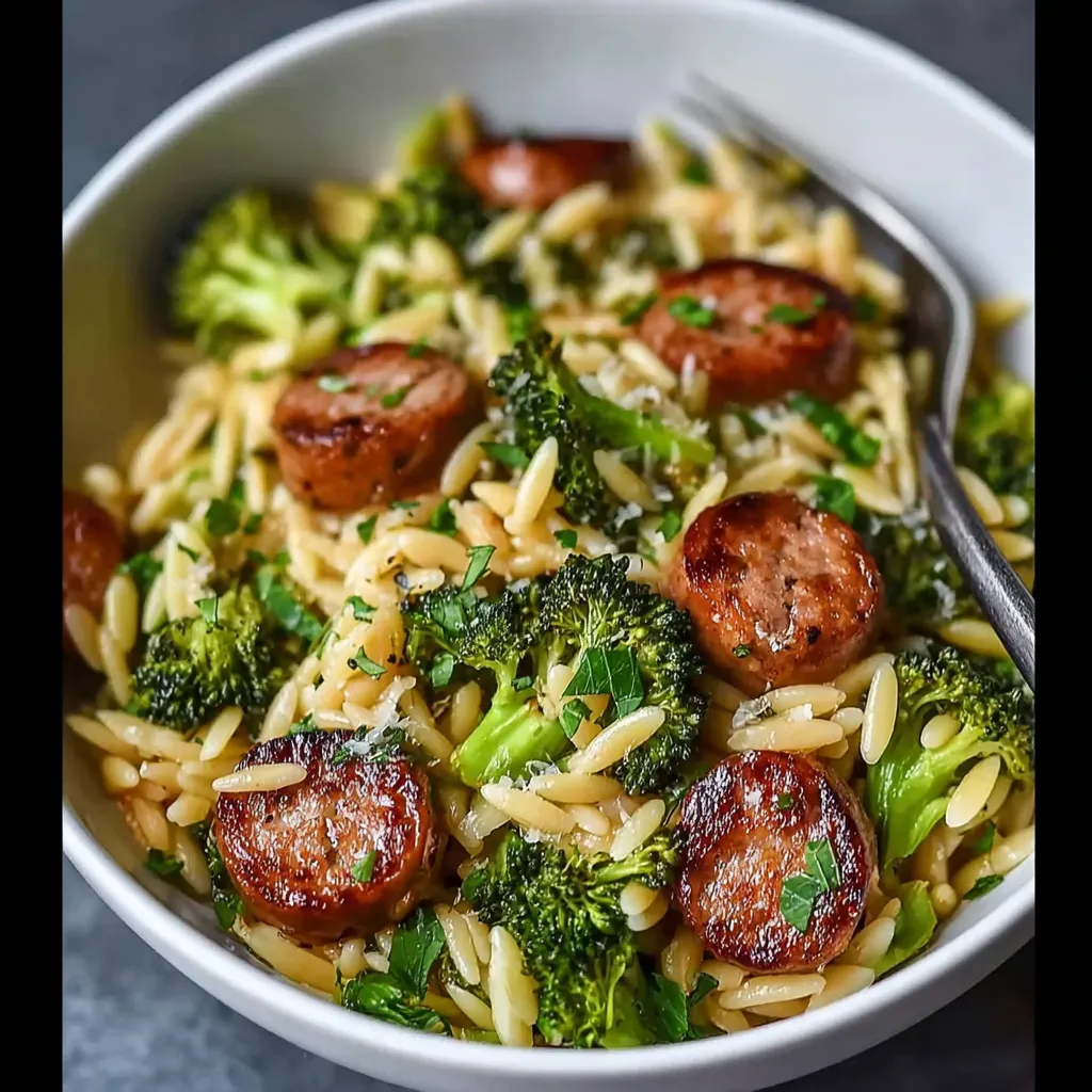 A bowl of pasta with sausage and broccoli.