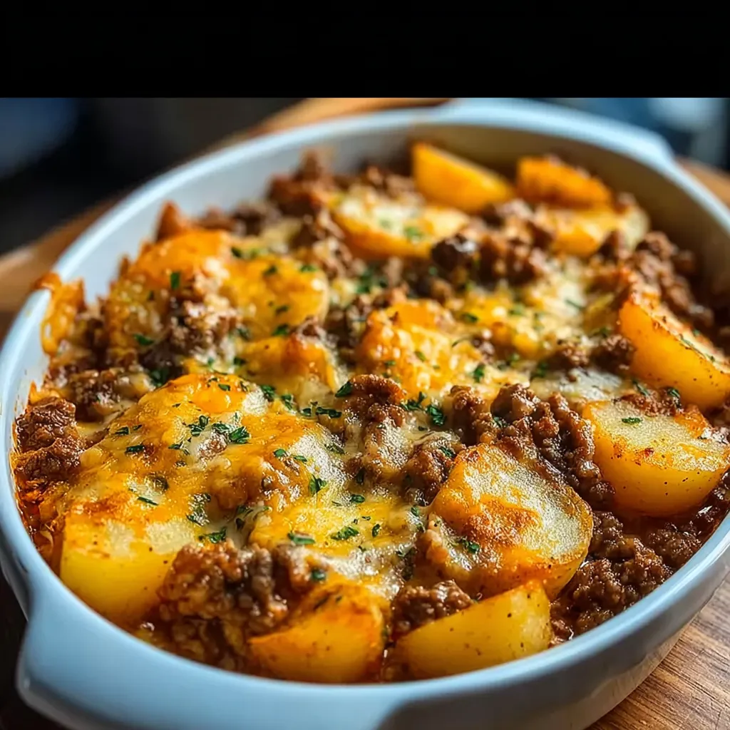 A bowl of food with meat and potatoes.