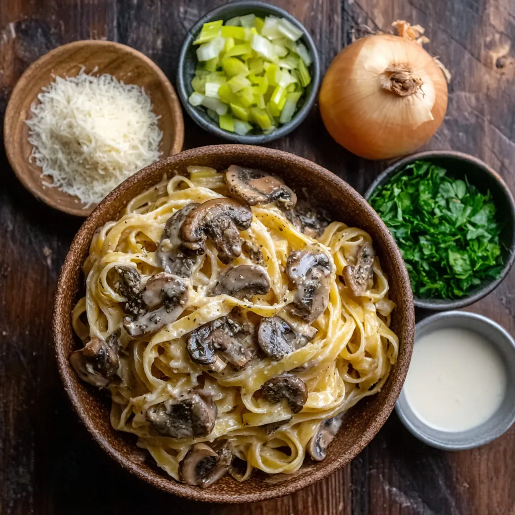 A bowl of pasta with mushrooms and cheese.