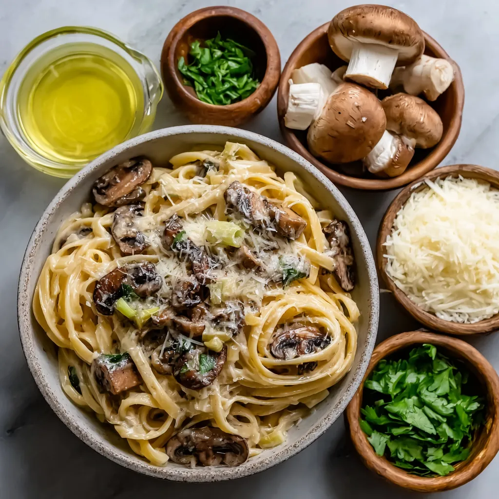 A bowl of pasta with mushrooms and cheese.