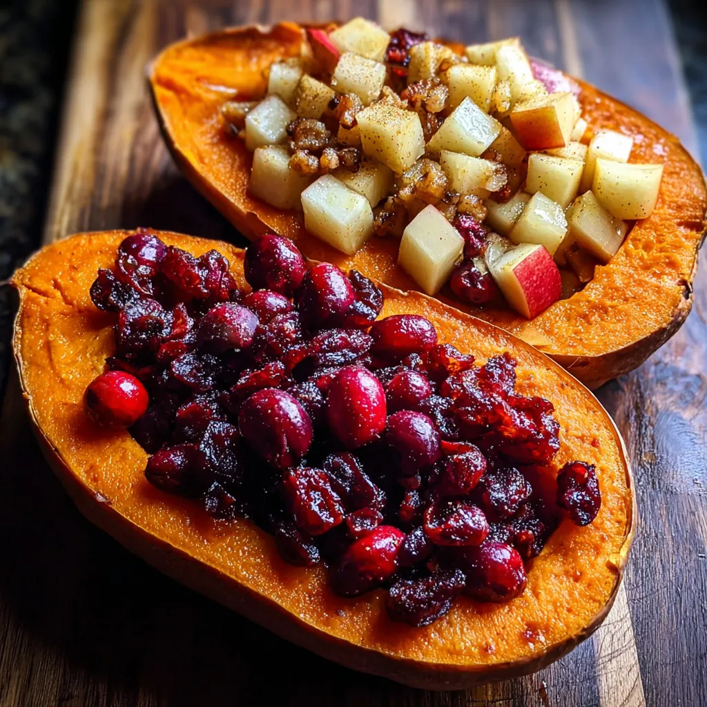 A sliced pumpkin with apples and cranberries on top.