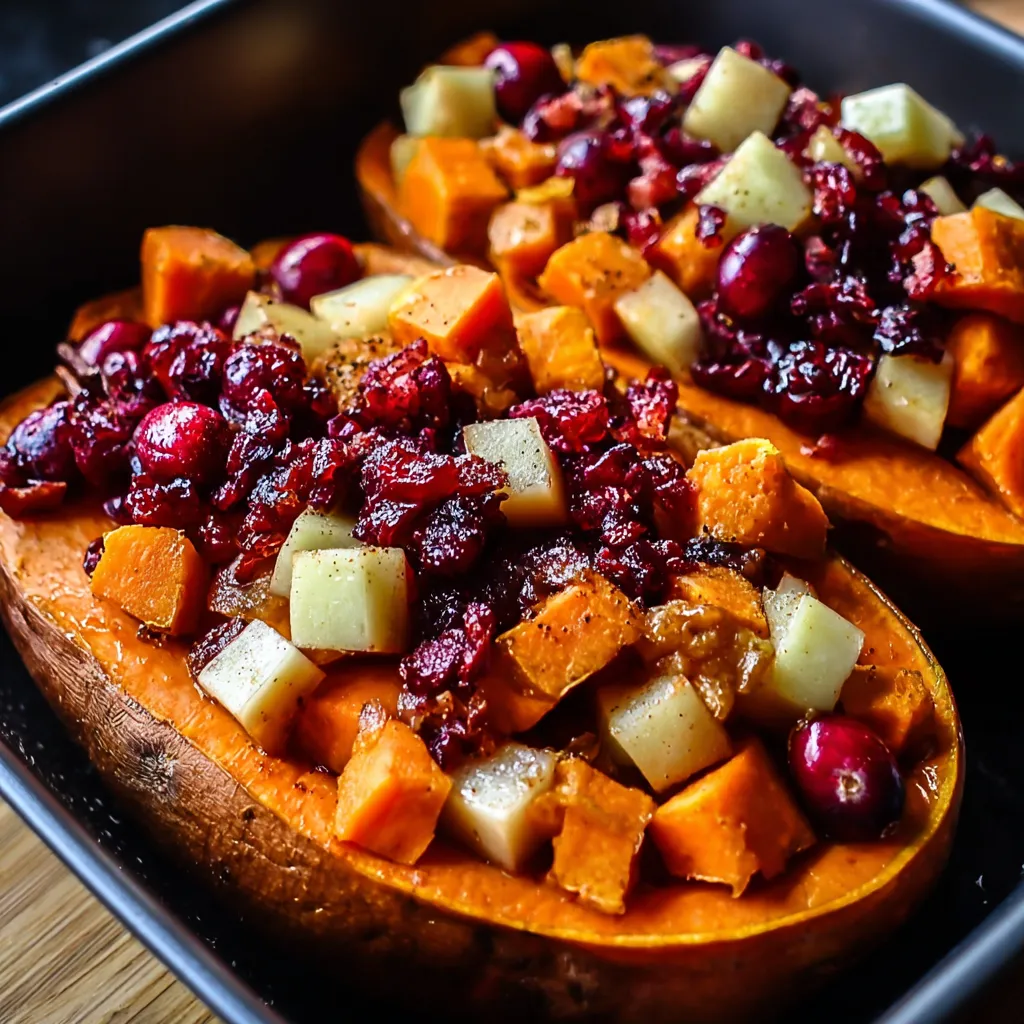 A close up of a roasted sweet potato with cranberries and apples.