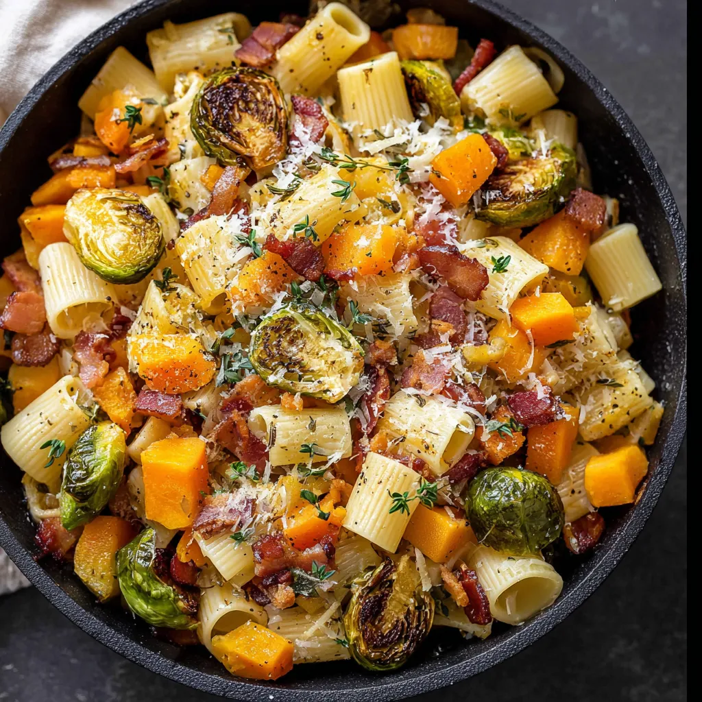 A bowl of pasta with vegetables and bacon.