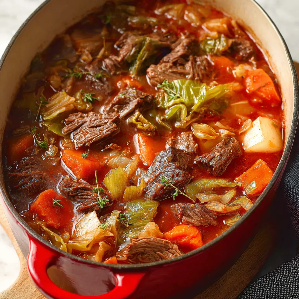 A pot of beef stew with vegetables.