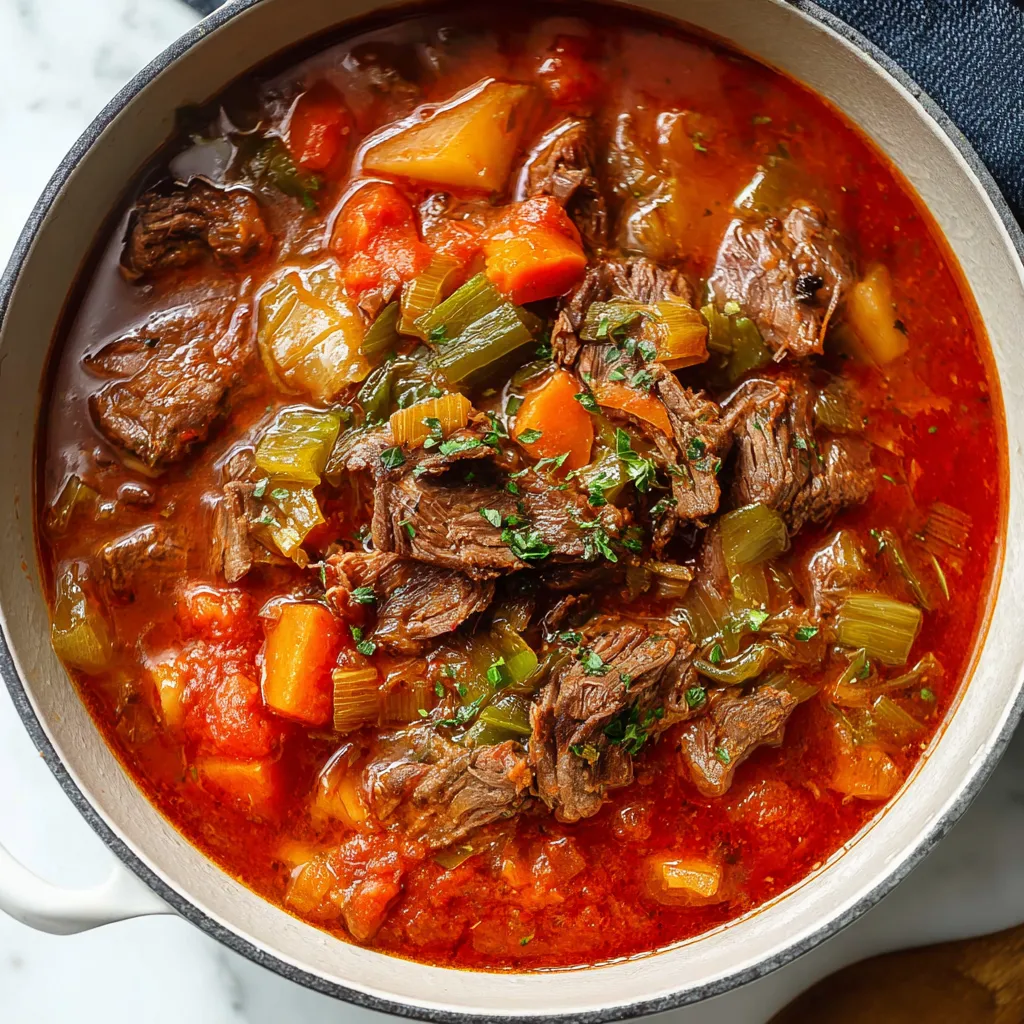 A bowl of stew with meat and vegetables.
