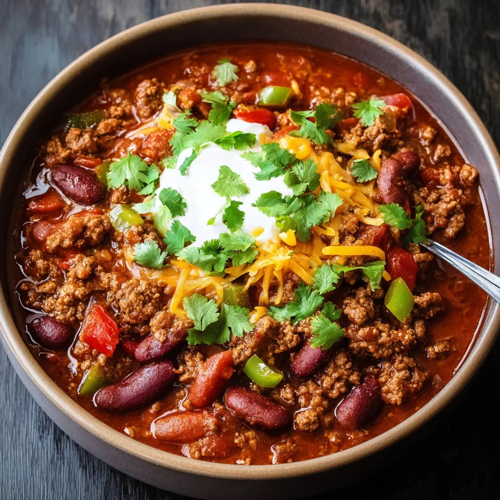 A bowl of chili with a spoon in it.