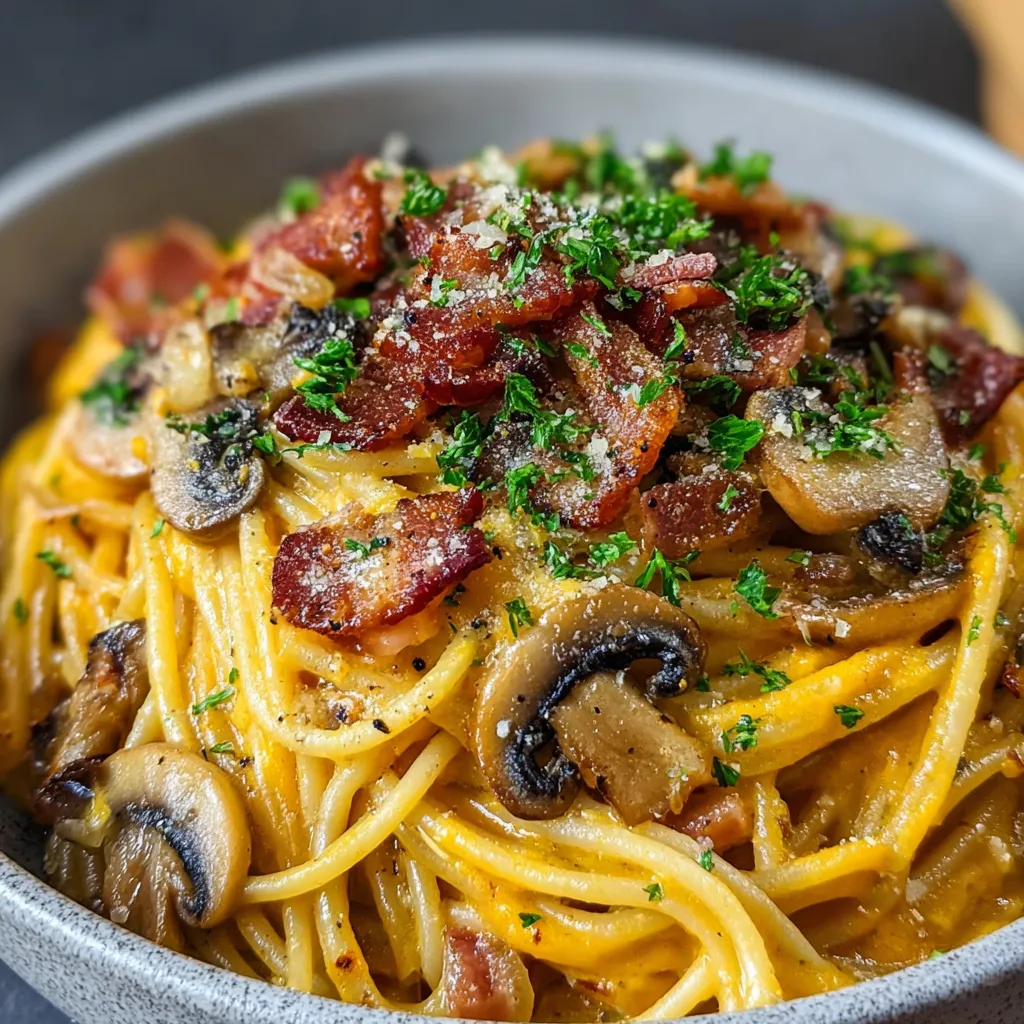 A bowl of pasta with mushrooms and bacon.