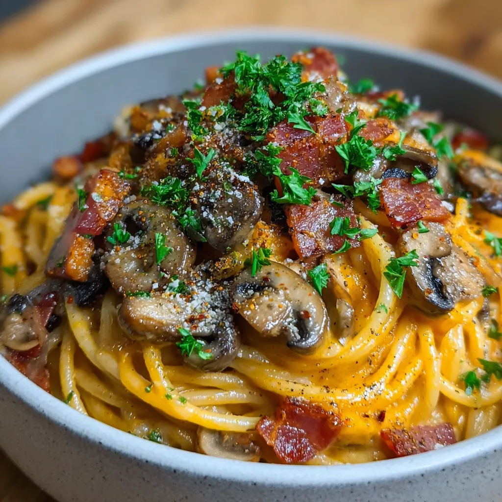 A bowl of pasta with mushrooms and bacon.