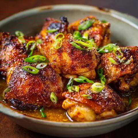 A bowl of chicken with green onions.