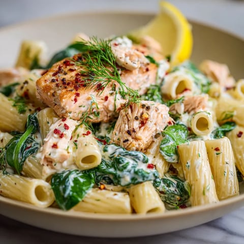 A bowl of pasta with salmon and lemon.