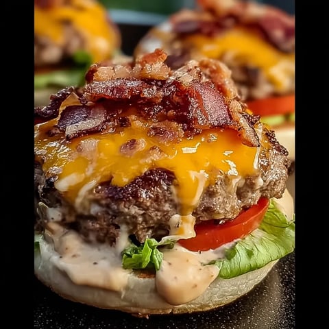 A close up of a bacon cheeseburger.