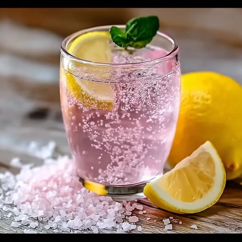 A glass of pink lemonade with a lemon wedge on the side.