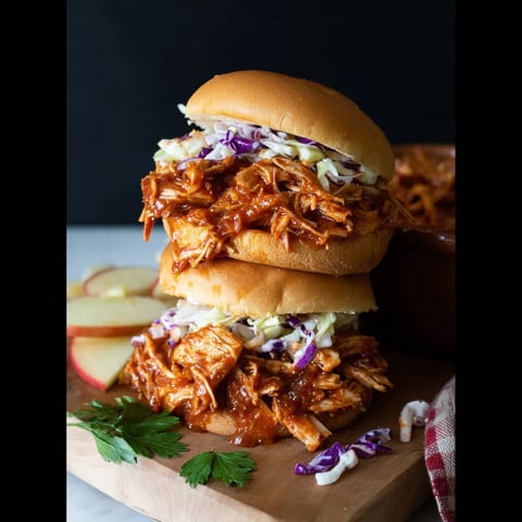 A sandwich with meat and vegetables on a wooden cutting board.